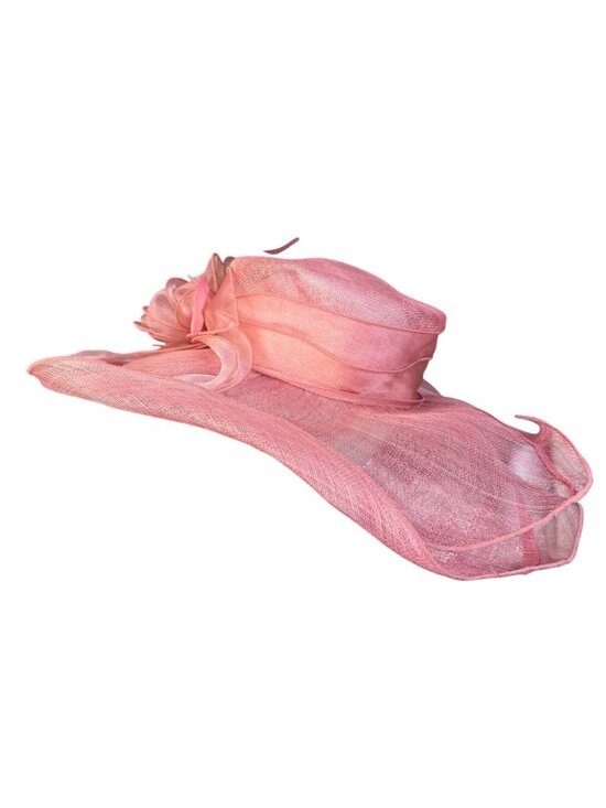Pink Womens Organza Wide Brim Flower Fascinator Hat Lightweight Elegant Sun Hat
